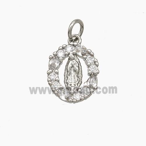 Virgin Mary Charms Copper Oval Pendant Pave Zirconia Platinum Plated