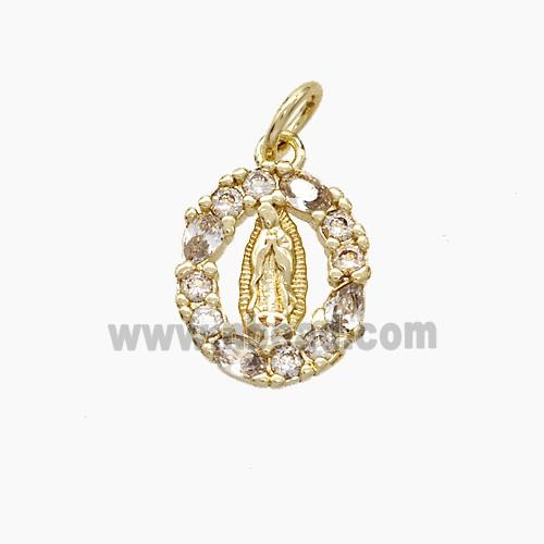 Virgin Mary Charms Copper Oval Pendant Pave Zirconia Gold Plated
