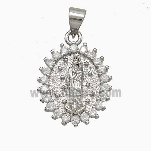 Virgin Mary Charms Copper Pendant Pave Zirconia Platinum Plated