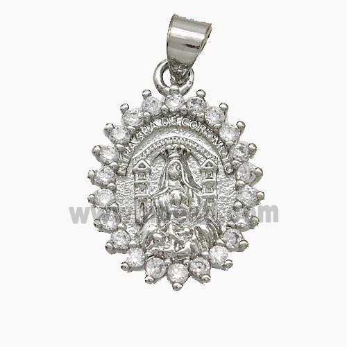 Virgin Mary Charms Copper Pendant Pave Zirconia Platinum Plated