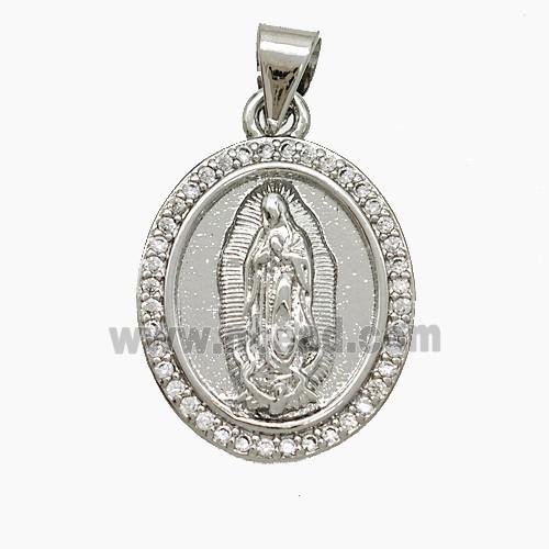Copper Virgin Mary Pendant Pave Zirconia Platinum Plated