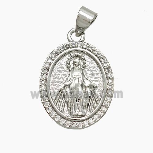 Copper Virgin Mary Pendant Pave Zirconia Platinum Plated