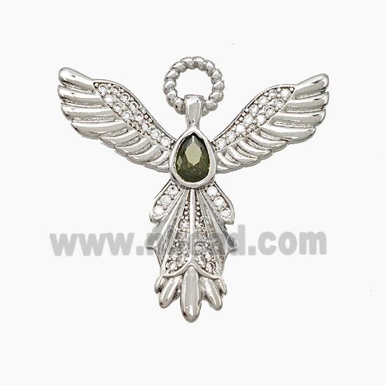 Copper Angel Wing Pendant Pave Zirconia Teardrop Platinum Plated