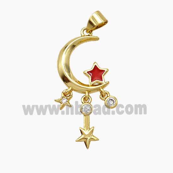 Copper Moon Star Pendant Pave Zirconia Red Enamel Gold Plated