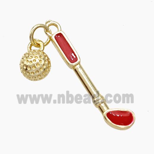 Golf Holder and Ball Charms Copper Pendant Red Enamel Sports Gold Plated