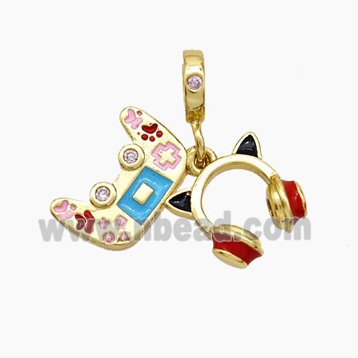 Game Handle and Headphones Charms Copper Pendant Multicolor Enamel Gold Plated