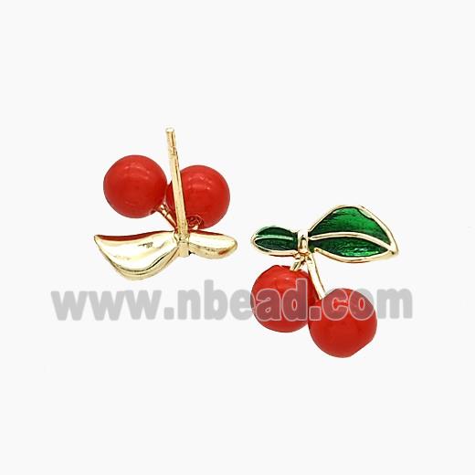 Copper Cherry Stud Earrings Pave Red Resin Gold Plated