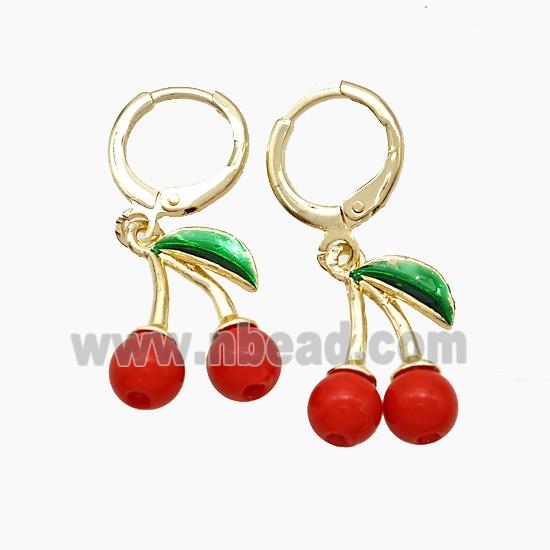 Copper Cherry Hoop Earrings Pave Red Resin Gold Plated