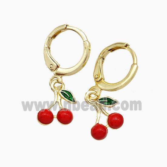 Copper Cherry Hoop Earrings Red Enamel Gold Plated
