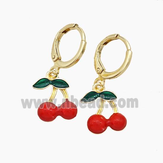 Copper Cherry Hoop Earrings Red Enamel Gold Plated