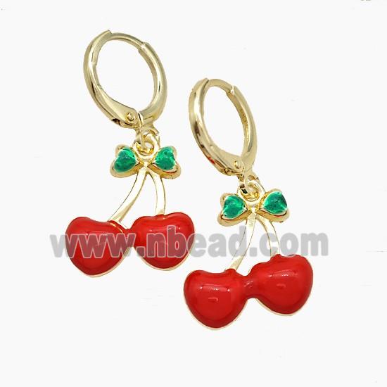 Copper Cherry Hoop Earrings Red Enamel Gold Plated