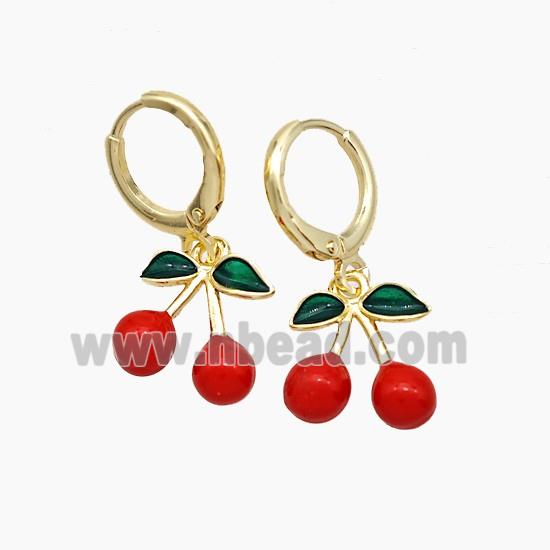 Copper Cherry Hoop Earrings Red Enamel Gold Plated
