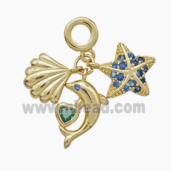 Scallop Shell And Starfish Dolphin Charms Copper Pendant Pave Zirconia Gold Plated