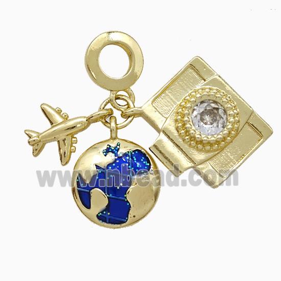 Earth And Airplane Camera Charms Copper Pendant Blue Painted Gold Plated