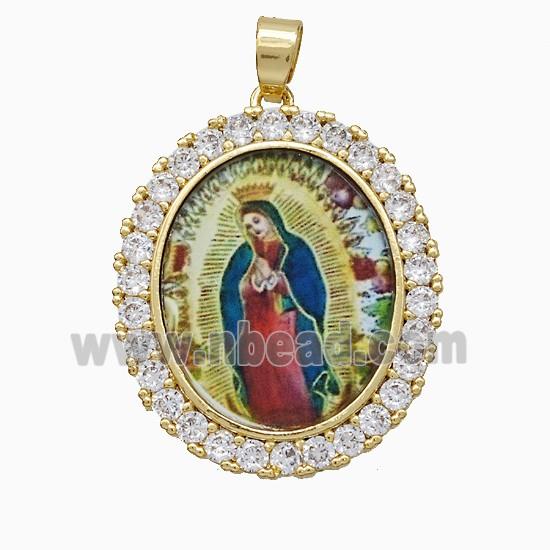 Copper Virgin Mary Pendant Pave Zirconia Painted Oval Gold Plated