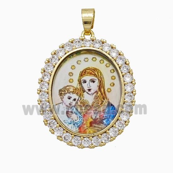 Copper Virgin Mary Pendant Pave Zirconia Painted Oval Gold Plated