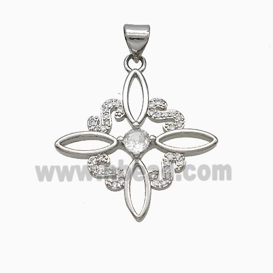 Copper Cross Pendant Pave Zirconia Flower Platinum Plated
