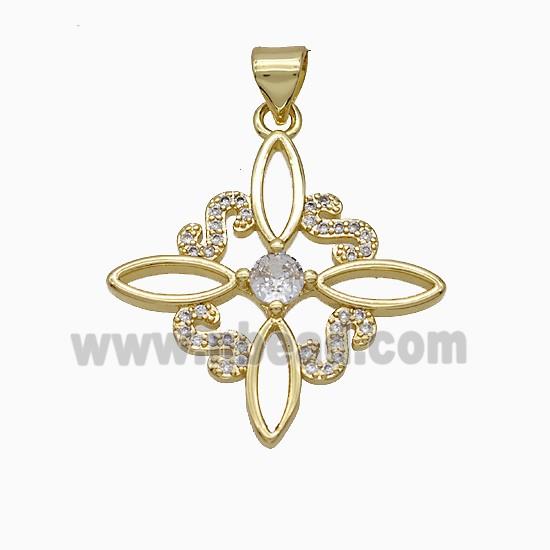 Copper Cross Pendant Pave Zirconia Flower Gold Plated