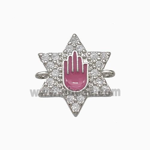 Copper Star Hand Connector Pave Zirconia Pink Enamel Platinum Plated