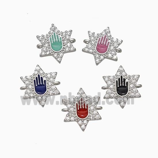 Copper Star Hand Connector Pave Zirconia Enamel Platinum Plated Mixed