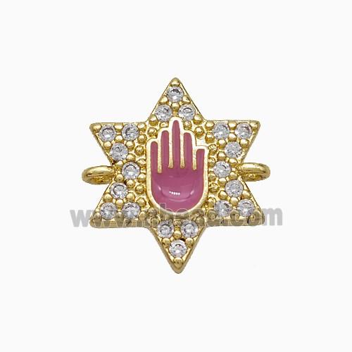 Copper Star Hand Connector Pave Zirconia Pink Enamel Gold Plated