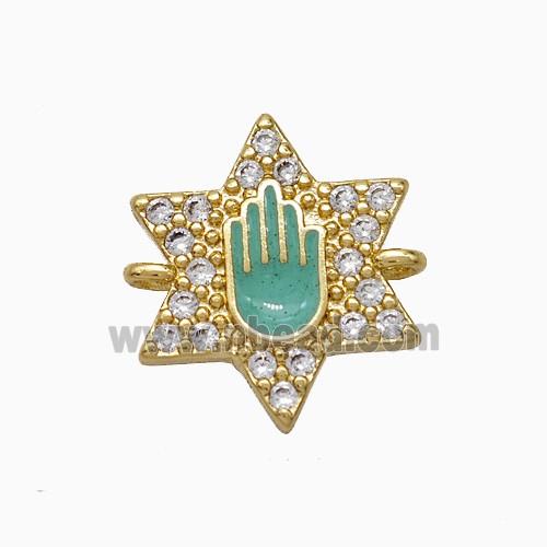Copper Star Hand Connector Pave Zirconia Green Enamel Gold Plated