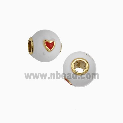Copper Round Beads White Enamel Heart Large Hole Gold Plated