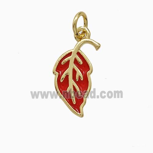 Copper Leaf Pendant Red Enamel Gold Plated