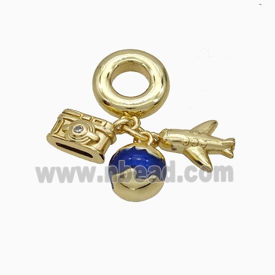 Camera And Airplane Earth Charms Copper Pendant Blue Painted Gold Plated
