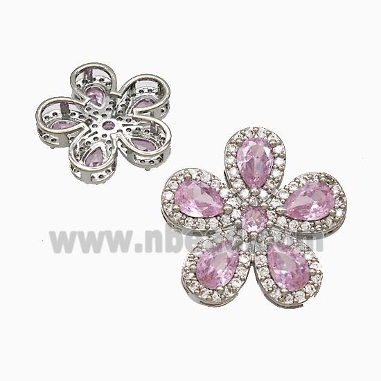 Copper Flower Pendant Pave Zirconia Pink Crystal Glass Platinum Plated
