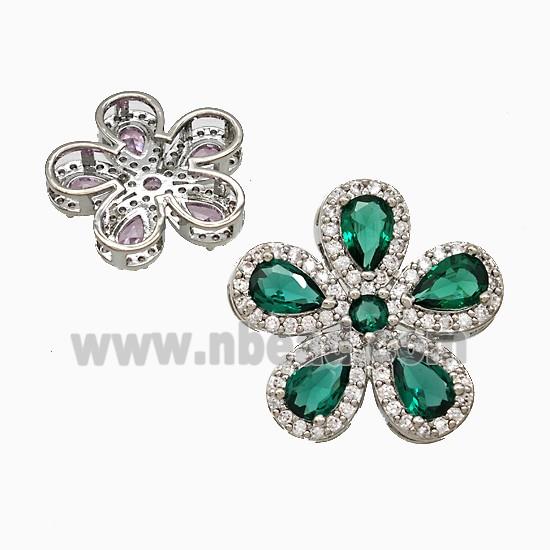 Copper Flower Pendant Pave Zirconia Green Crystal Glass Platinum Plated