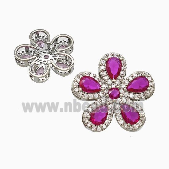 Copper Flower Pendant Pave Zirconia Fuchsia Crystal Glass Platinum Plated