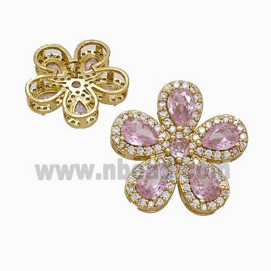 Copper Flower Pendant Pave Zirconia Pink Crystal Glass Gold Plated