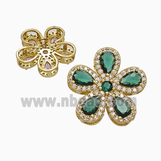 Copper Flower Pendant Pave Zirconia Green Crystal Glass Gold Plated