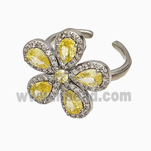 Copper Flower Rings Pave Zirconia Yellow Crystal Glass Platinum Plated
