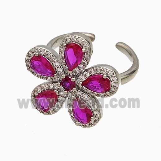 Copper Flower Rings Pave Zirconia Fuchsia Crystal Glass Platinum Plated