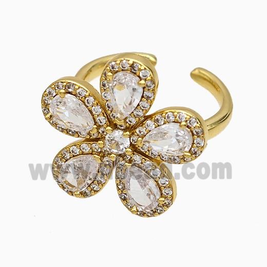 Copper Flower Rings Pave Zirconia Crystal Glass Gold Plated