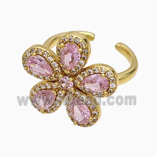 Copper Flower Rings Pave Zirconia Pink Crystal Glass Gold Plated