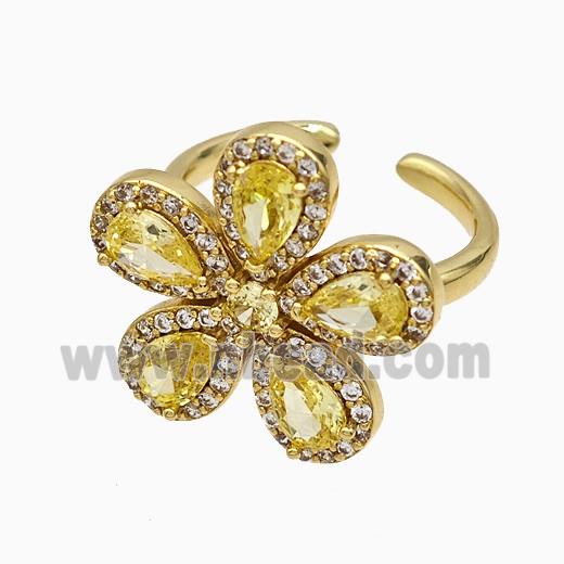 Copper Flower Rings Pave Zirconia Yellow Crystal Glass Gold Plated