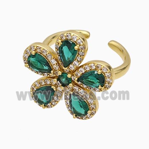 Copper Flower Rings Pave Zirconia Green Crystal Glass Gold Plated