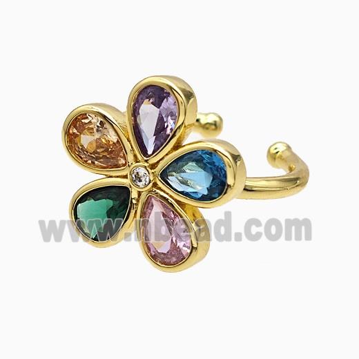 Copper Flower Rings Pave Multicolor Crystal Glass Gold Plated