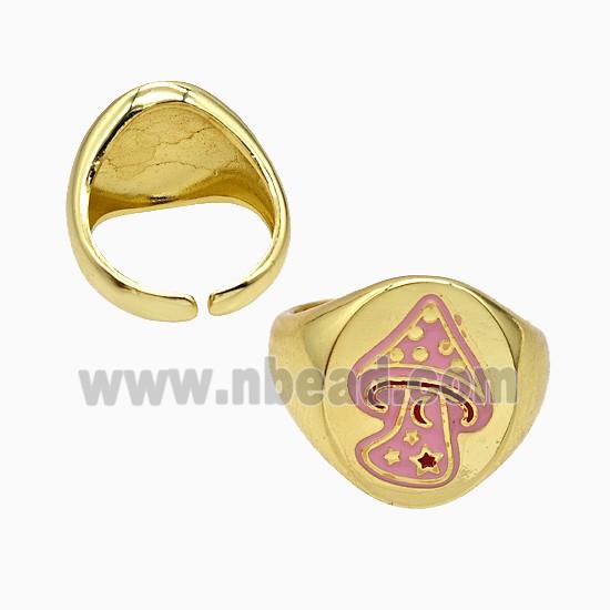 Copper Mushroom Rings Pink Enamel Gold Plated
