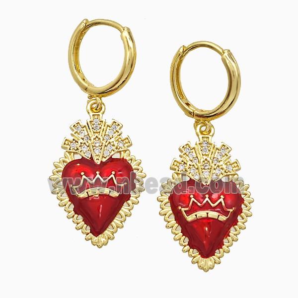 Copper Heart Hoop Earrings Pave Zirconia Red Painted Crown Gold Plated