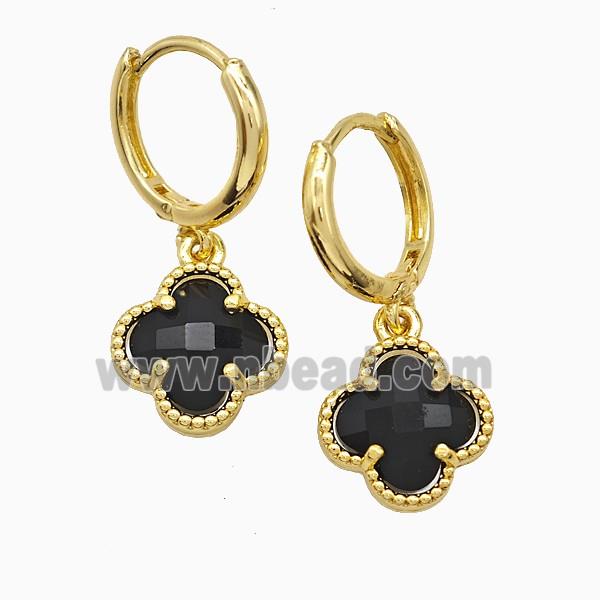 Copper Clover Hoop Earrings Pave Black Crystal Glass Gold Plated