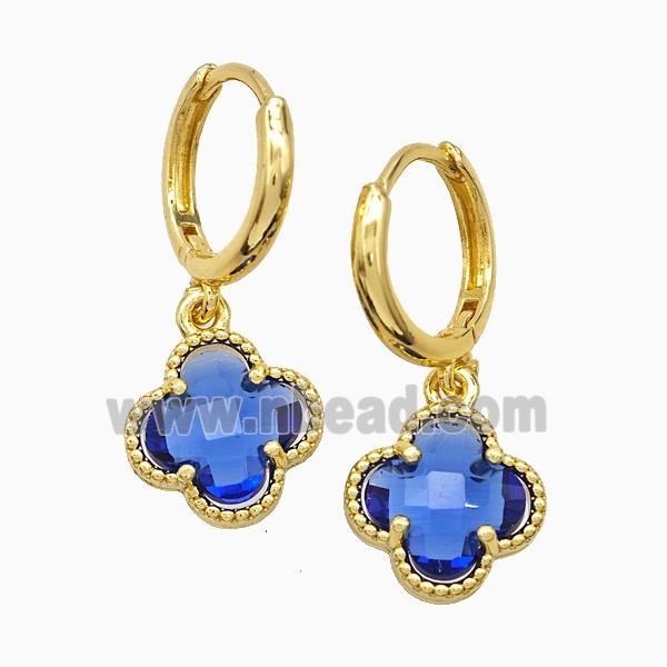 Copper Clover Hoop Earrings Pave Blue Crystal Glass Gold Plated