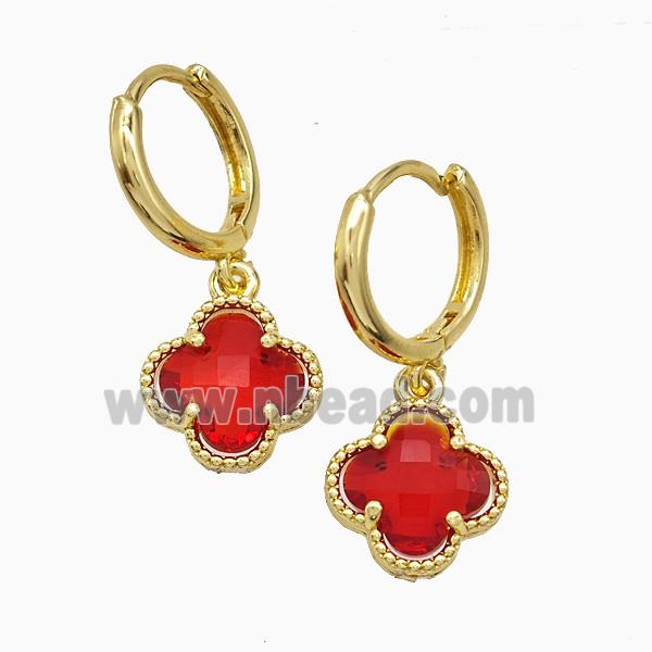 Copper Clover Hoop Earrings Pave Red Crystal Glass Gold Plated
