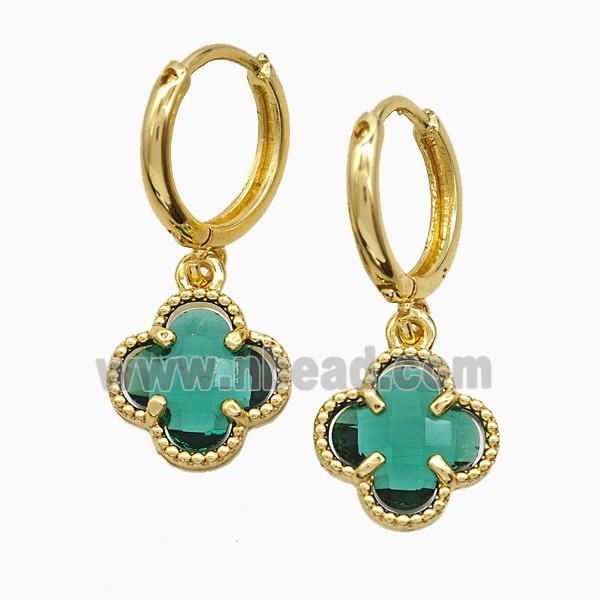 Copper Clover Hoop Earrings Pave Green Crystal Glass Gold Plated