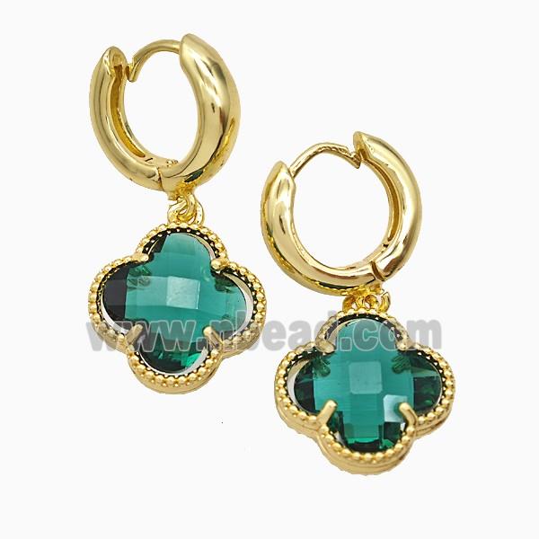 Copper Clover Hoop Earrings Pave Green Crystal Glass Gold Plated