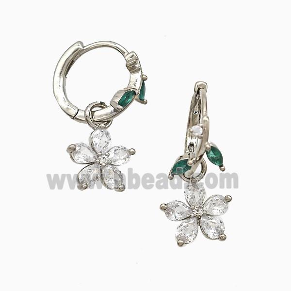 Copper Flower Hoop Earrings Pave Crystal Glass Platinum Plated