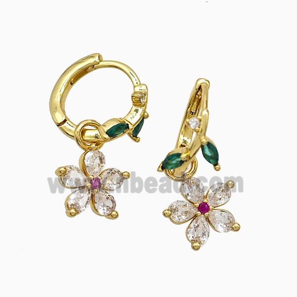 Copper Flower Hoop Earrings Pave Crystal Glass Gold Plated
